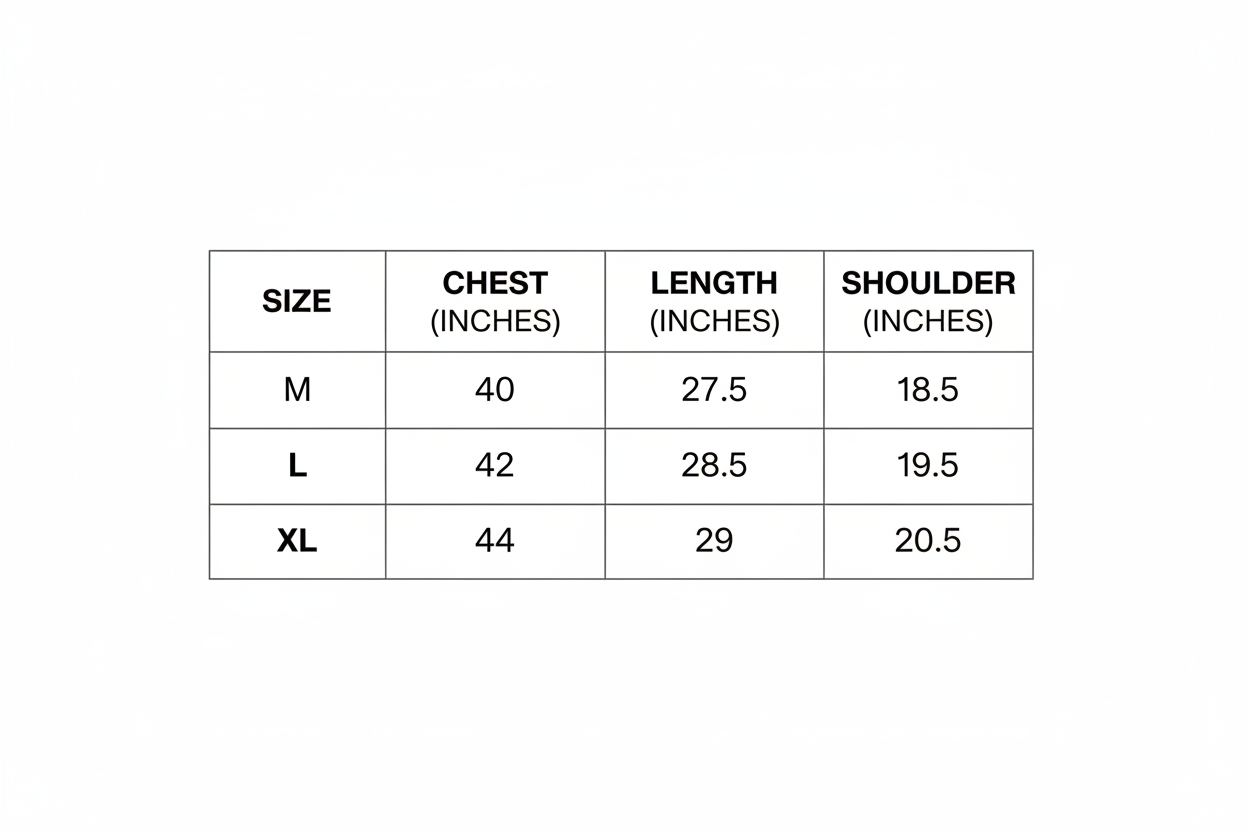 Generate M, L, XL size chart in inches with chest as 40, 42 and 44 respectively, lenght as 27.5, 28.5 and 29 respectively and shoulders as 18.5, 19.5 and 20.5 respectively